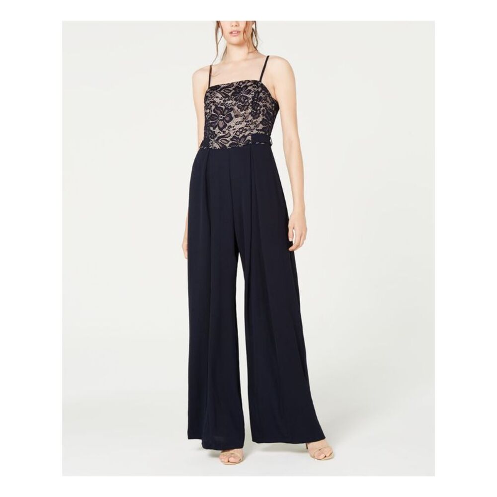 TEEZE ME Womens Wide Leg Jumpsuit Navy Spaghetti Strap Square Neck Juniors 1